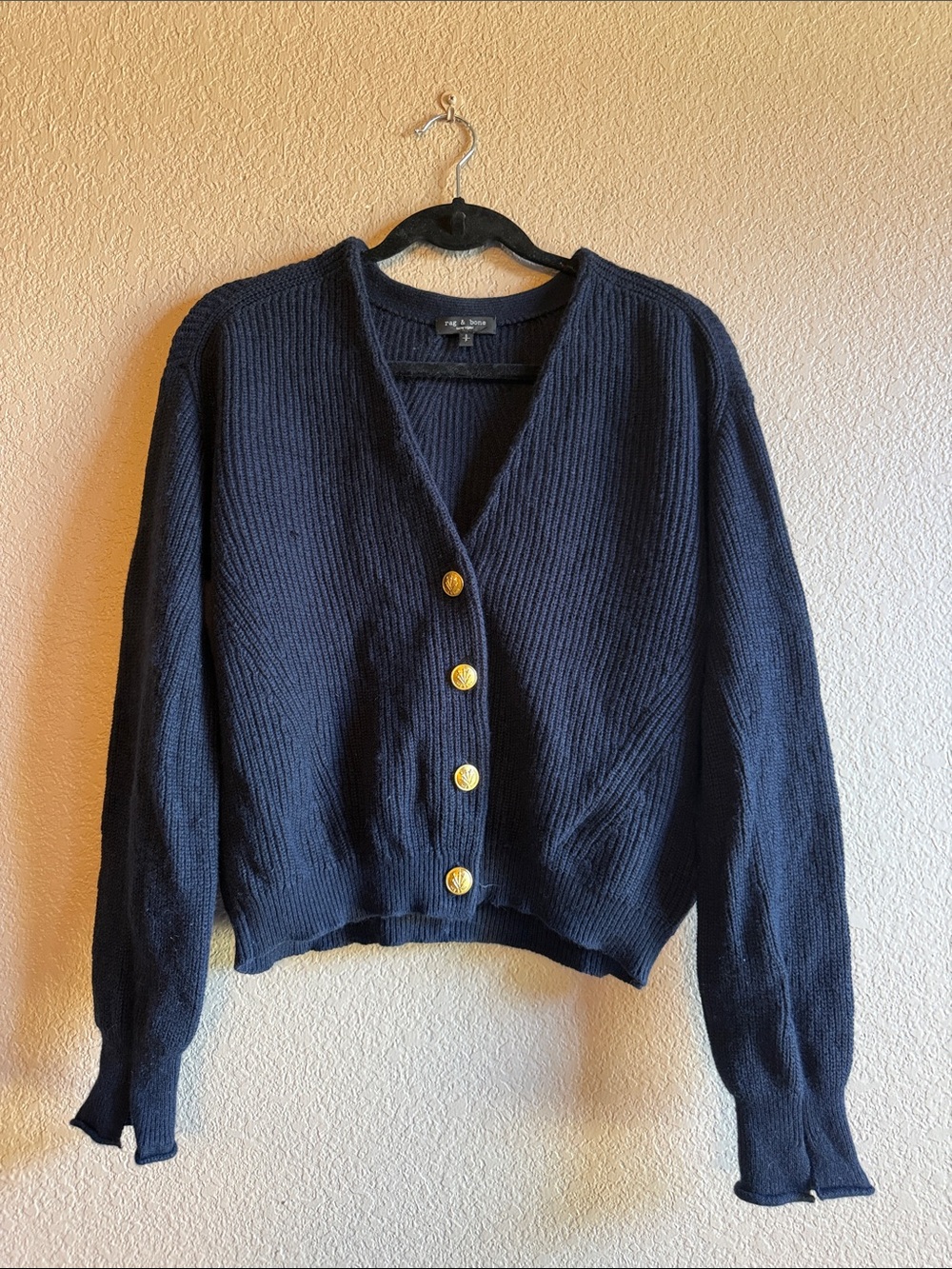 Rag & Bone Navy Cropped Ribbed Cardigan with Gold Buttons